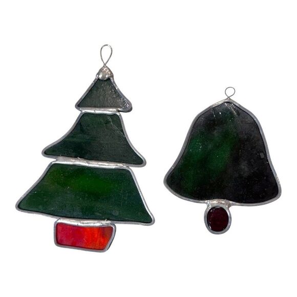 Vintage Stained Glass Christmas Tree & Bell Ornaments Handmade Green Red Holiday - Picture 2 of 4